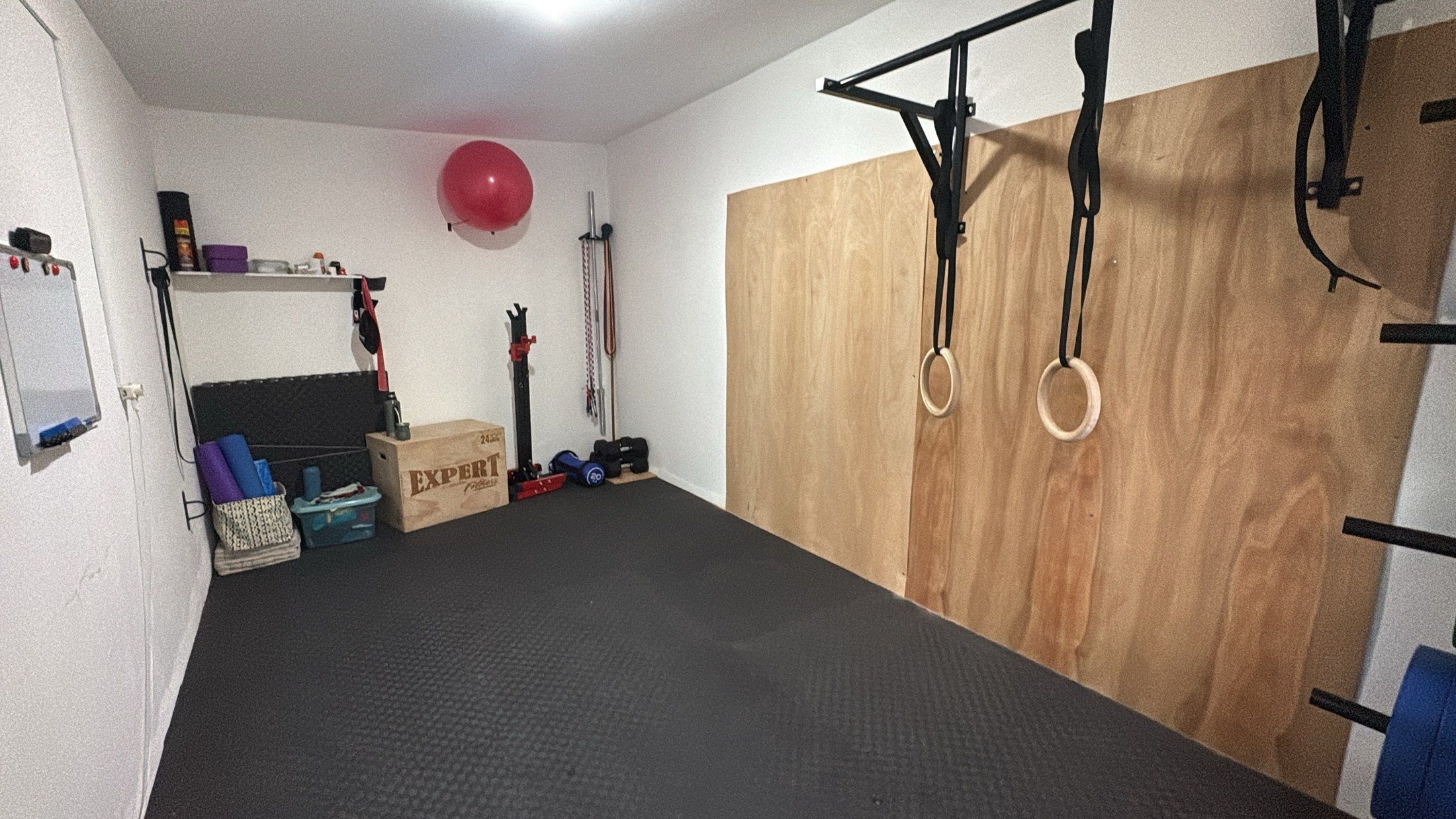 Vista general del box: piso de goma, cajón pliométrico, fitball y pared de madera con anillas.